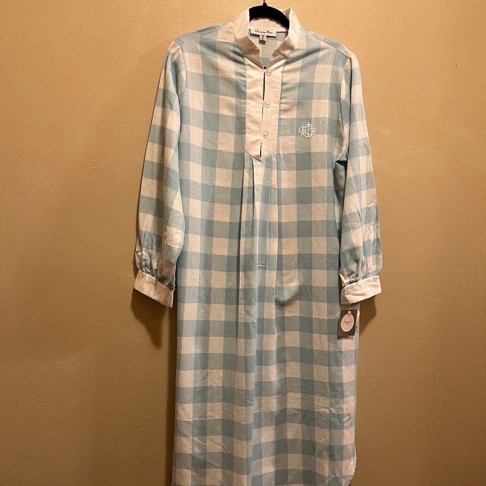 Dior Light Blue and White Check Cotton Nightgown